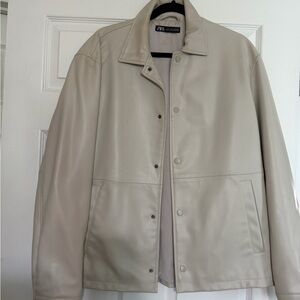 Zara Men Cream Faux Leather Snap-Front Jacket
